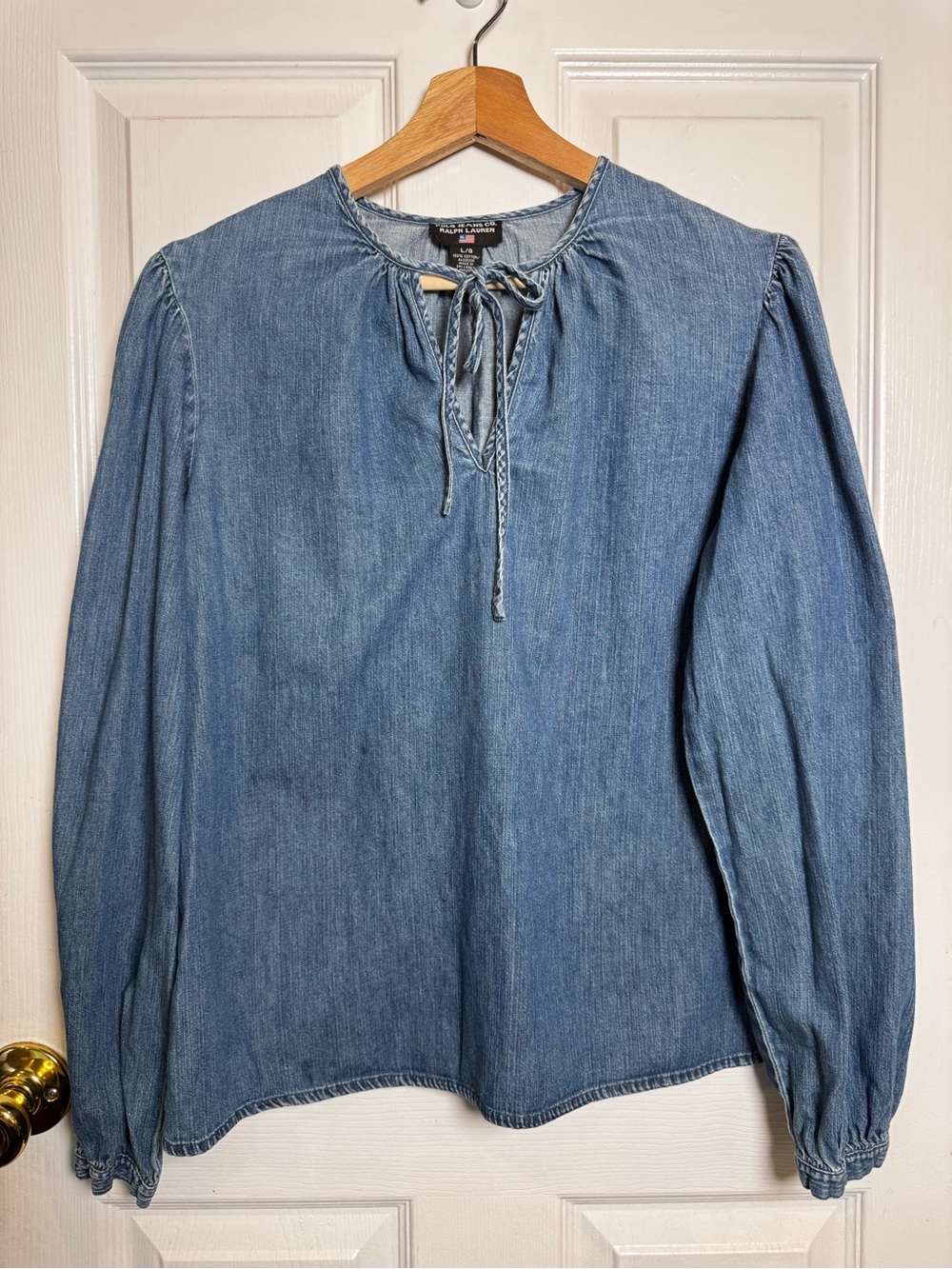 Polo Jeans Co Ralph Lauren Denim Chambray Peasant Blouse Tie Neck Large